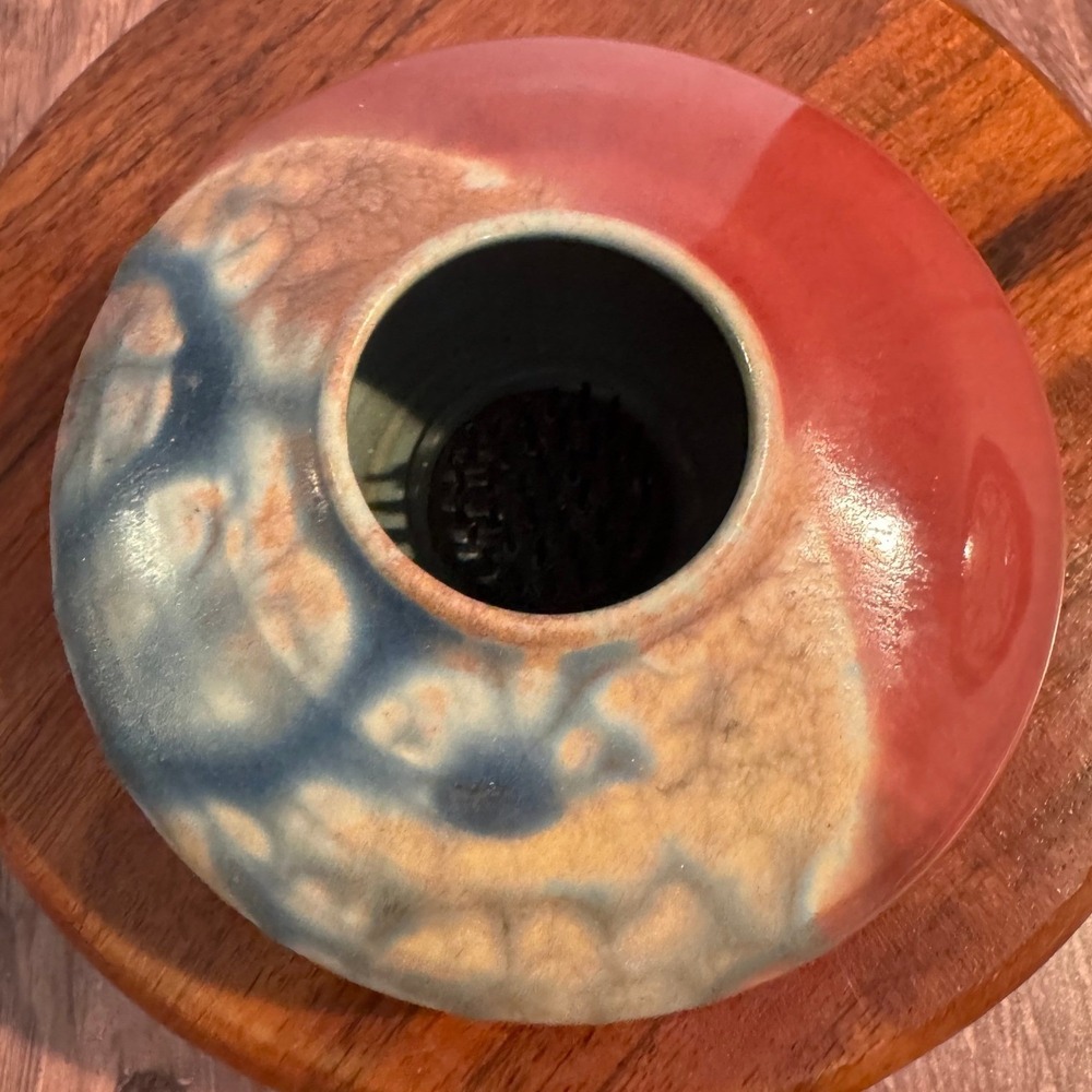 Handmade Studio Pottery Signed Ikebana Frog Vase with Organic Glaze‎